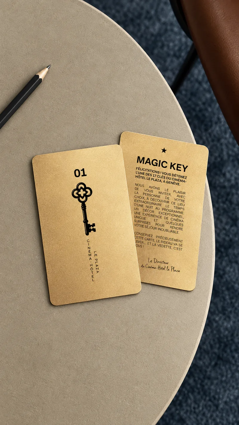 Deux cartes Magic Key dorées du Cinéma-Hôtel Le Plaza posées sur une table
